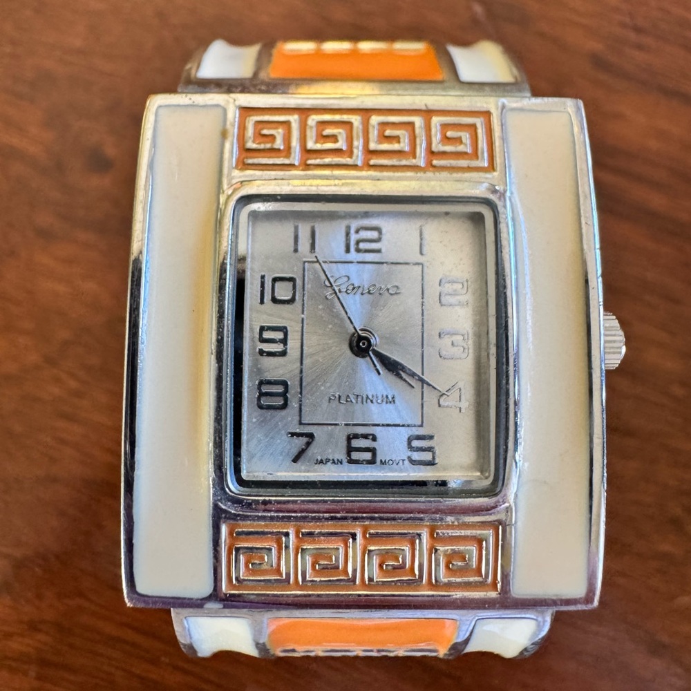 Geneva Platinum Orange White and Silver Tone Cuff Accent Watch
